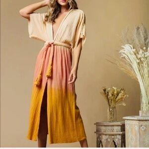 Z&L EUROPE Deep V-Neck Tassel Rope Belt Ombre Maxi Dress - Swim Cover Up sz M